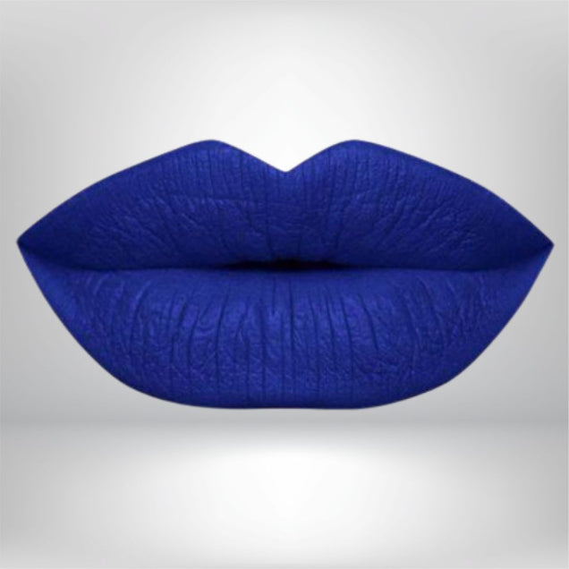 A dark blue, high-pigment matte lipstick with bold color and a smooth matte finish. 