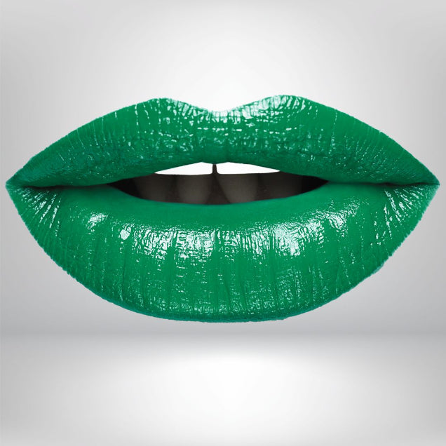 A spruce green, high-pigment frost lipstick with bold color and a smooth frost finish. 