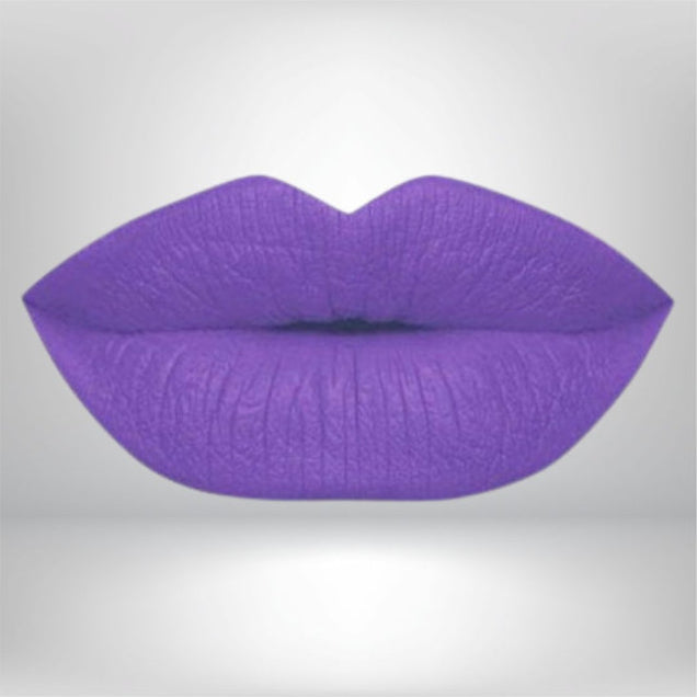 A midtone purple, high-pigment matte lipstick with bold color and a smooth matte finish. 