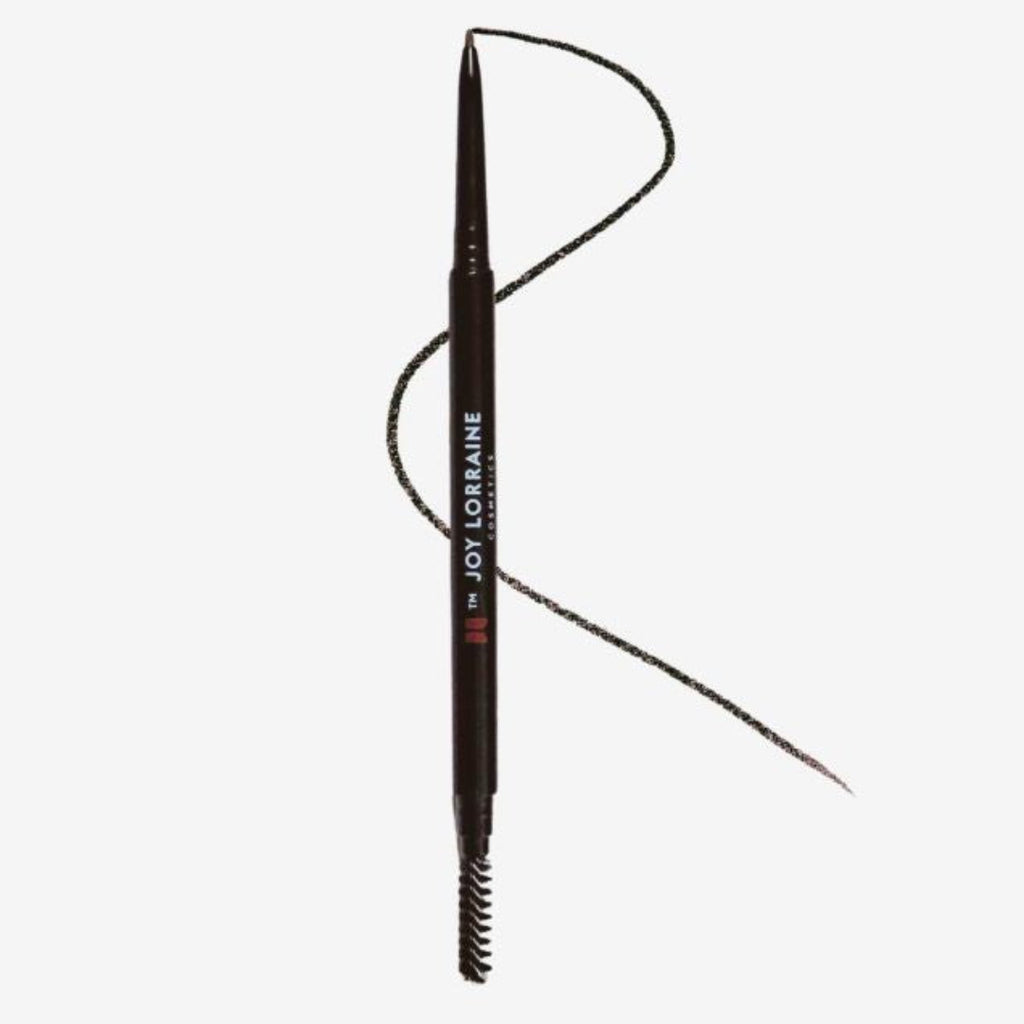 Ultra-fine chocolate brown brow pencil with waterproof formula and built-in spoolie brush for precise application and natural-looking fullness.