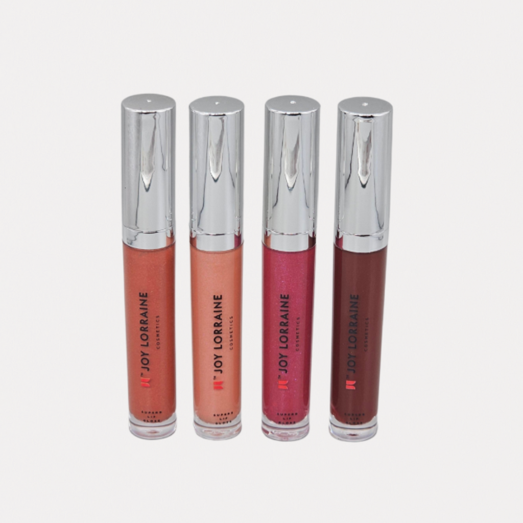 Four flattering, non-sticky, high-shine lip glosses infused with Collagen, Hyaluronic Acid, and Vitamin E for a plump, hydrated look.